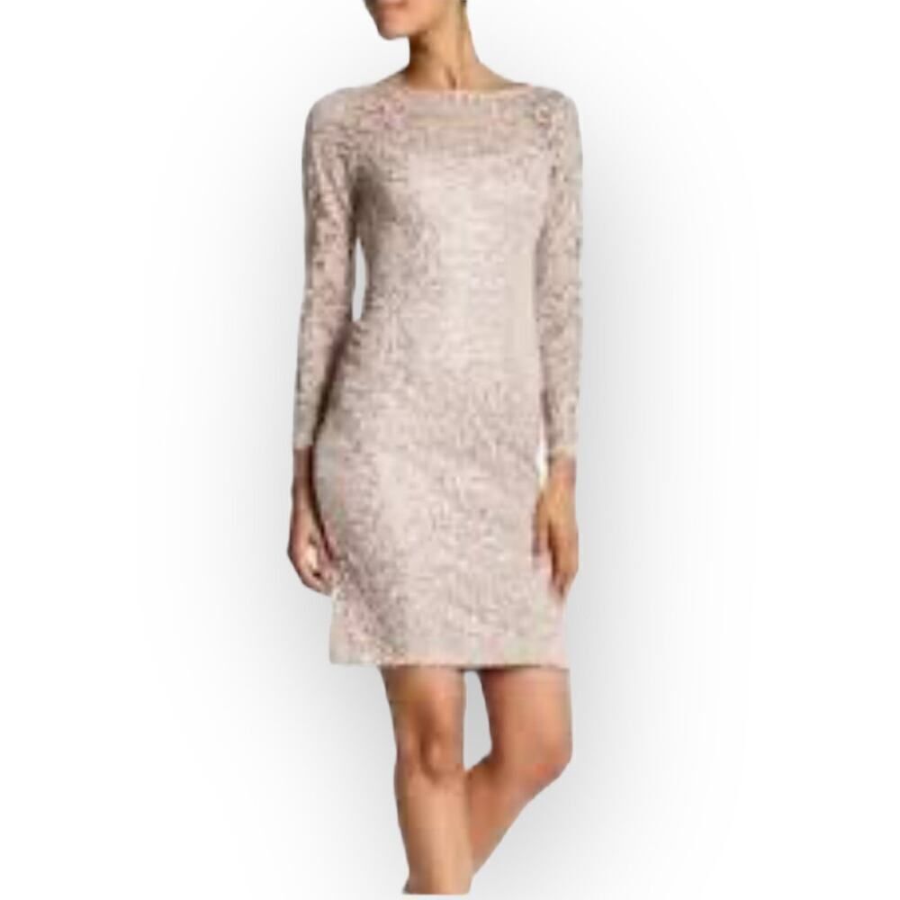 Marina Sheath Dress Women's 4 Taupe Lace 3/4 Sleeves Semi-Sheer Scoop Back